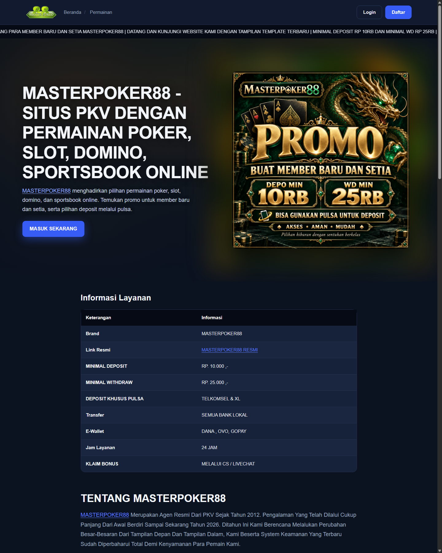 Bagian atas elossecurity.com: judul MASTERPOKER88, banner dan tabel Informasi Layanan