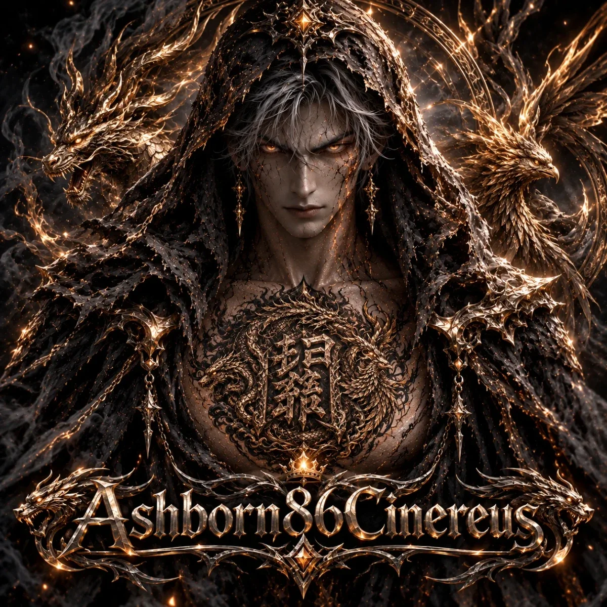 Banner penulis Ashborn86Cinereus, sosok berjubah dengan ornamen naga emas